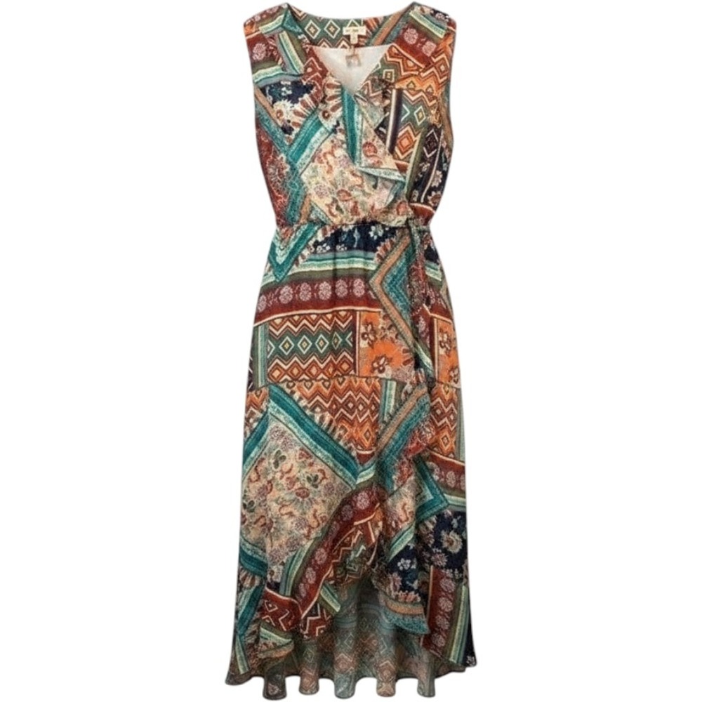 Country Music Cowgirl Vibe Reba Patchwork Cascading Ruffle Midi Bohemian Size